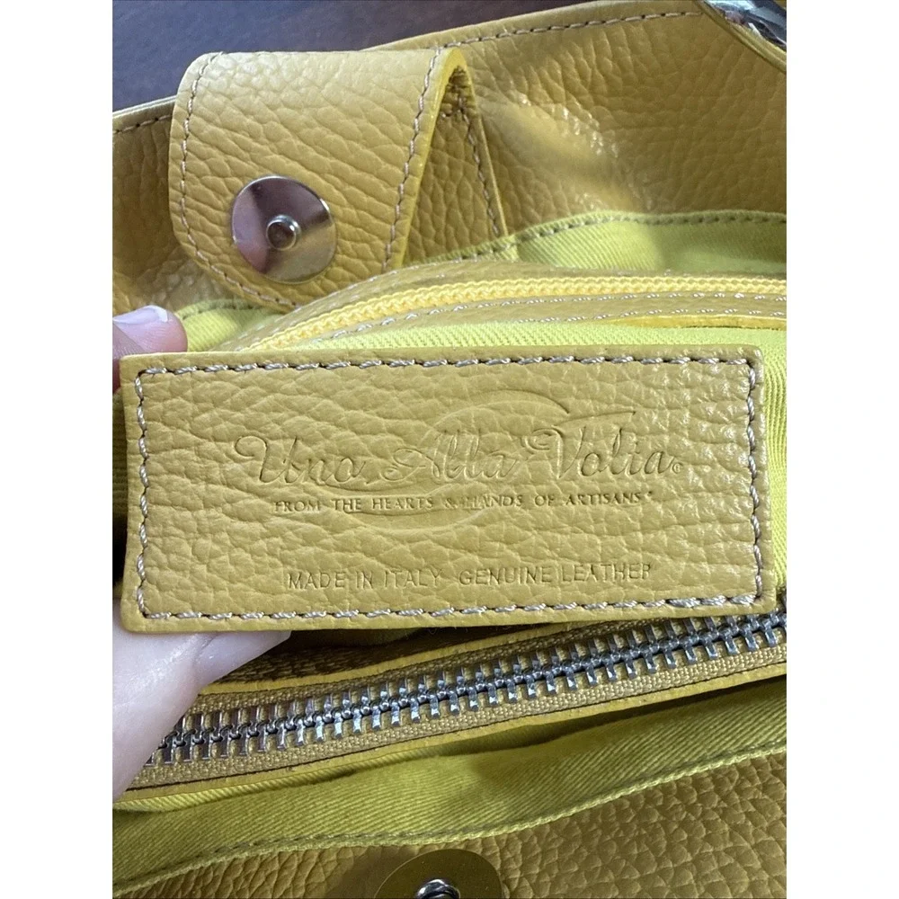 Una Alla Volta Italy Yellow Pebbled Leather Bamboo Handles Handbag Purse